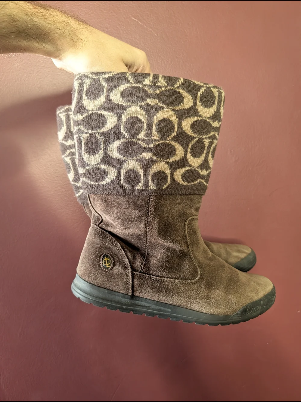 COACH Tatum Brown Suede Leather Fold-Over Wool Knit Monogram Logo Boots Sz7